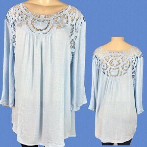 Roaman's 12W Blue Floral Open Weave Bodice Rayon Curved Hem 3/4 Sleeve Blouse